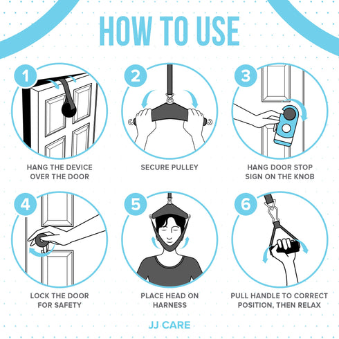 JJ CARE Neck Stretcher - Cervical Traction Device for Chiropractor - Cervical Neck Traction Device Over The Door for Home Use - 6-Piece Set Neck Sling for Home Physical Therapy with Door Stop Sign